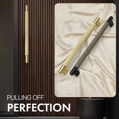 Pulling off perfection. This image showcases our sleek, modern long handles with a textured grip, available in finishes like brushed gold and matte black to complement any contemporary entrance.