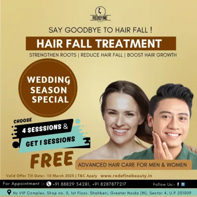 Getting ready for a big event? Our wedding season special offers a free session with the purchase of four hair fall treatment sessions, perfect for both men and women looking to boost hair growth and reduce hair fall.