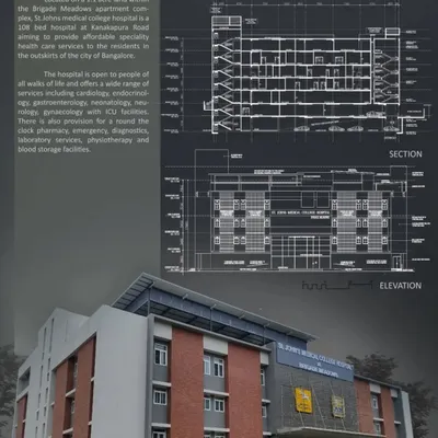 This sheet shows the detailed section and elevation plans for the St. John's Hospital project. This technical phase is crucial for understanding the building's vertical circulation and exterior appearance, ensuring the final structure is as practical as it is visually composed.