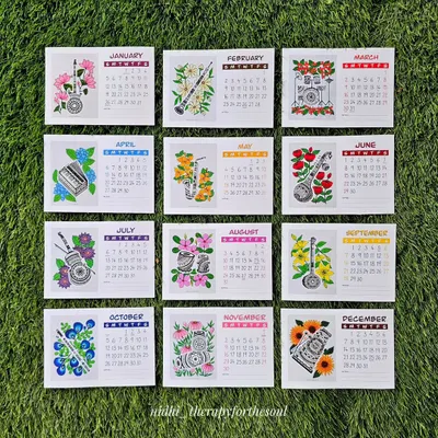 Here are all twelve months of the 2025 calendar laid out. You can see the full collection of floral and musical instrument pairings, from the January Lotus & Guitar to the December Sunflower & Xylophone.