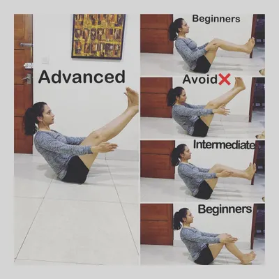 Here are several variations of Navasana (Boat Pose), from beginner modifications with bent knees to the full advanced expression. This shows how we can progress at your own pace to build abdominal and hip flexor strength, which is key for better posture.