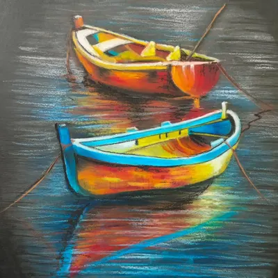 A beautiful landscape painting of two boats on the water, created using oil pastels. The artist, Pankaj, has skillfully blended the colors to capture the reflection of the boats on the water's surface.