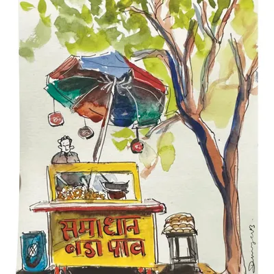 This vada pav stall has been a neighbourhood fixture for 40 years, and my watercolour sketch captures its simple, enduring charm. It’s these small, local spots that truly define the spirit of Mumbai.