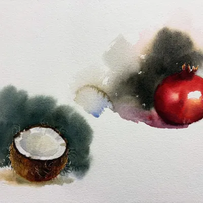 A watercolor study of a coconut and a pomegranate. This painting was an exercise in capturing contrasting textures, from the rough husk of the coconut to the smooth, shiny skin of the pomegranate.