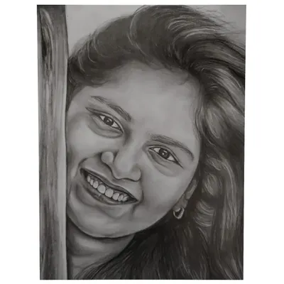 A commissioned graphite pencil sketch capturing a bright, happy smile. This is a perfect example of how a simple photograph can be turned into a cherished piece of hand-drawn art, ideal for a personal gift.
