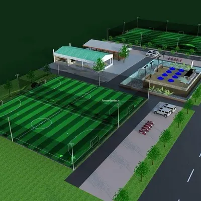 My process begins with detailed planning. This is a 3D design render I created for a client, showing the complete layout of a sports complex with multiple turf fields before we even break ground.