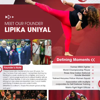 Get to know our founder, Lipika Uniyal, through this overview of her career. Her defining moments as a fighter and her experience training police squads and corporations form the backbone of our curriculum.