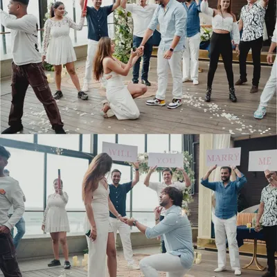 The moment she said yes. This collage captures the entire narrative of a surprise proposal, from the flash mob with "Will You Marry Me" signs to the emotional kneeling and the joyful acceptance.