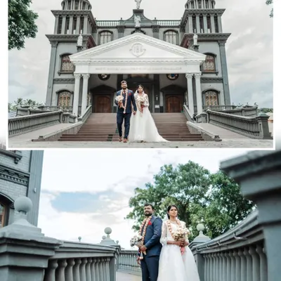 A collage of a Christian wedding, showing the couple on the steps of a grand church, capturing the scale and beauty of their wedding venue.
