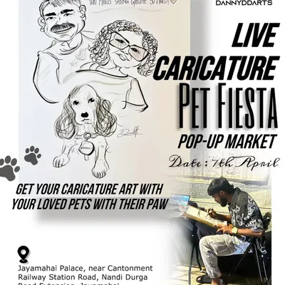 My official poster for a Pet Fiesta event. I offer live pet caricatures, a unique way to get a portrait of you and your beloved pet.
