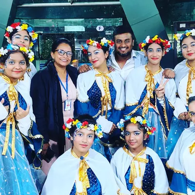 Posing with the talented young dancers from Ryan International School after their festival performance. I love choreographing for school annual days, bringing out the best in students of all ages.