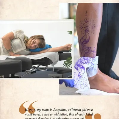 The first step in this ankle cover-up. Here you can see the purple stencil of the peacock design placed perfectly over the old, faded tattoo before the inking begins.
