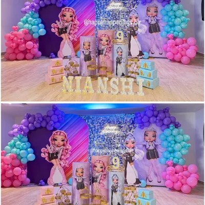 A vibrant Rainbow High themed party for Nianshi's 9th birthday. The setup features a full balloon arch in pink, purple, and teal, a sparkling sequin backdrop, and life-sized character cutouts for a truly immersive experience.