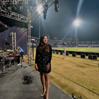 On stage at the ISPL T10 cricket tournament. Performing in a stadium with this incredible lighting and setup was an unforgettable experience.