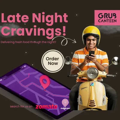 This graphic highlights my late-night delivery service. It shows a delivery person on a scooter, emphasizing that I deliver fresh food through the night, especially for those midnight cravings.