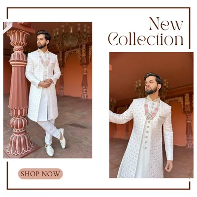 A glimpse into our new collection of white sherwanis for grooms. This piece features delicate embroidery and can be styled with a pearl necklace for a royal wedding look.
