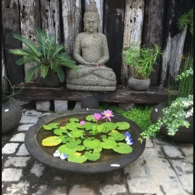 A tranquil garden scene featuring a stone Buddha statue and a floating lotus pond. The rustic wooden background and surrounding plants create a natural and calming environment.