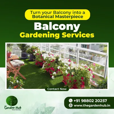 Let us turn your balcony into a botanical masterpiece. This space uses artificial grass and vibrant flowering plants in railing pots to create a stunning view and a pleasant seating area.