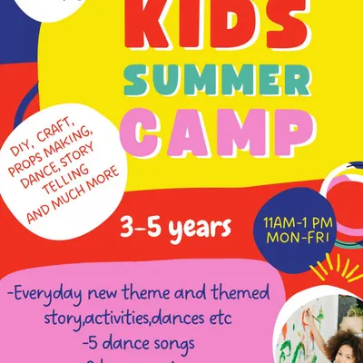 Get ready for our next Kids Summer Camp. This poster highlights our daily themes, dance songs, and two-hour sessions packed with activities. It's the perfect way to keep your 3 to 5-year-olds engaged and happy.