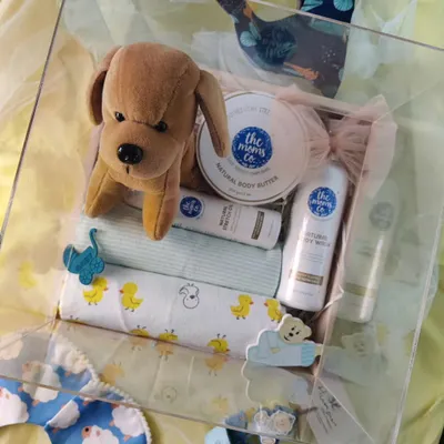 Our beautifully curated baby hamper, presented in a clear acrylic box. It includes a plush stuffed toy, gentle skincare products from The Moms Co., and soft printed baby cloths.