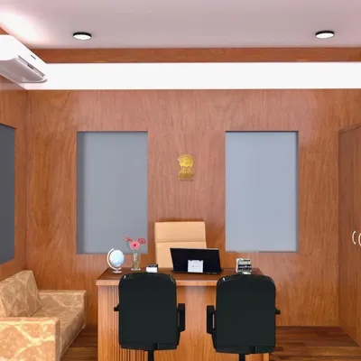 A 3D render of a government office cabin for the Vidhana Soudha building. The design uses classic wood paneling and functional furniture to create a formal and dignified workspace.