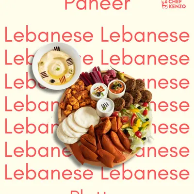 My Paneer Lebanese Platter is a feast. It includes soft paneer, crispy falafel, fresh pita, creamy hummus, and a variety of dips and salads.