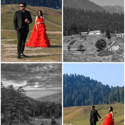 A collage capturing the grandeur of a Kashmir pre-wedding shoot. The contrast of the vibrant red gown against the sweeping landscapes, both in color and monochrome, highlights the dramatic and romantic potential of this paradise on earth.