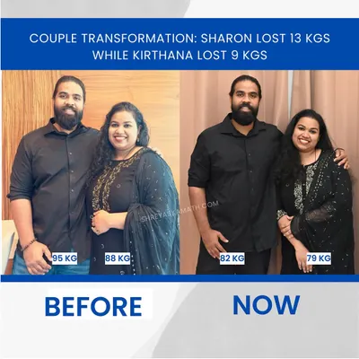 This is what teamwork looks like. This couple, Sharon and Kirthana, committed to their health together, losing 13 kgs and 9 kgs respectively. It proves that even with a busy family life, you can prioritize your fitness and achieve incredible results.