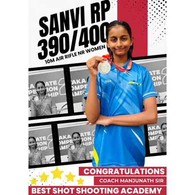 Congratulations to Sanvi RP for her fantastic score of 390/400 and winning a medal in the 10M Air Rifle NR Women event at the 13th Karnataka State Shooting Competition.