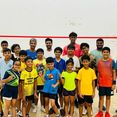 A group photo from our one-day squash camp for kids in Mumbai. It was a day full of energy, learning, and fun.