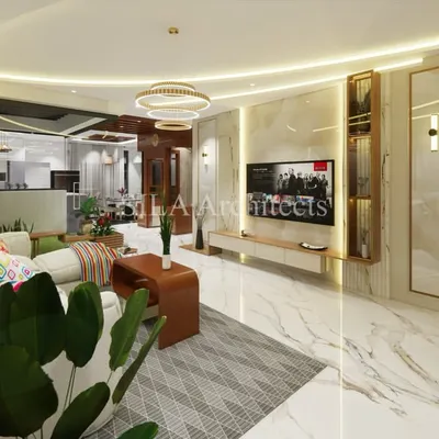 A 3D render of a luxurious open-plan living area. This design features marble flooring, ambient cove lighting, and a sophisticated TV unit, creating a space that is both grand and welcoming for family and guests.