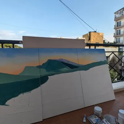 The beginning stages of the Neelakurinji landscape triptych. I often start my work outdoors to connect with the natural light, laying down the foundational colors and shapes of the mountains and sky.