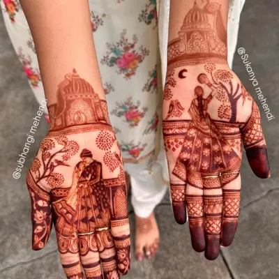 My signature Karvachauth storytelling mehendi. This design shows a woman looking at the moon and her partner, all drawn with incredible detail.
