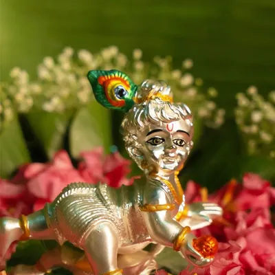 Welcome the playful energy of Ladoo Gopal into your home. This silver-plated idol shows Bal Krishna crawling, a ladoo in hand, with a beautifully detailed peacock feather in his hair.