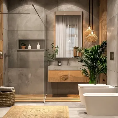 A serene bathroom featuring concrete-finish tiles, a floating wood vanity, and lush plants to create a natural, spa-like feel.
