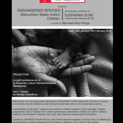 The official poster for our exhibition "Endangered Species: Malnutrition Stalks India’s Children". The event featured photography by Sudharak Olwe and was curated by Navneet Kaur Ahuja at our Gurgaon gallery.