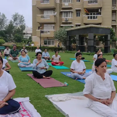 Celebrating International Yoga Day with an outdoor session in Indrapuram. Practicing in nature adds a special element of peace and connection to our yoga.