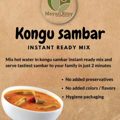 Craving tasty sambar but short on time? My Kongu Sambar Instant Ready Mix is the perfect solution. Just mix it with hot water and you can serve delicious, homemade-style sambar to your family in just 2 minutes. It has no added preservatives or colors.