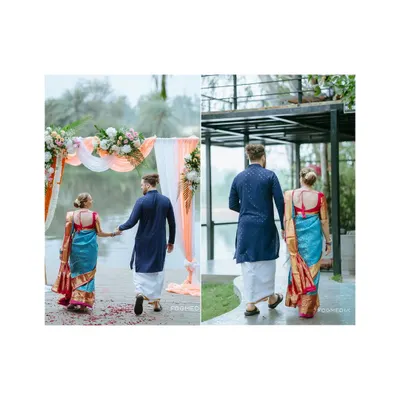 A collage of a multicultural couple walking hand-in-hand, celebrating their love story.