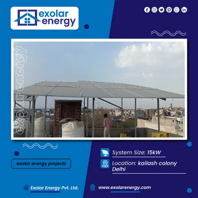 This 15kW system in Kailash Colony, Delhi, is a powerful example of a large-scale residential installation. It is designed to cover significant energy needs while maximizing the available rooftop space.