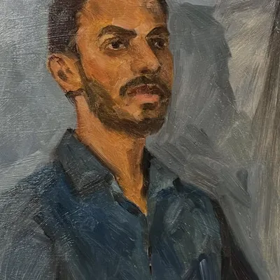 A close-up of my finished oil portrait of Satyam. This 9x12 inch piece was painted 'alla prima' in a single 4-5 hour session. I focused on capturing the strong shadows and his thoughtful expression.