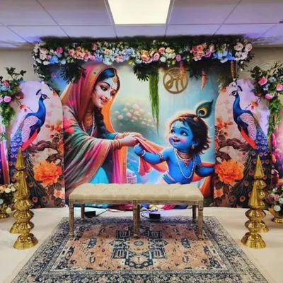 I love bringing divine themes to life for your special day. This grand baby shower setup features custom printed backdrops of Yashoda and Krishna, framed with beautiful floral arrangements to create a truly blessed atmosphere for the mom-to-be. ✨