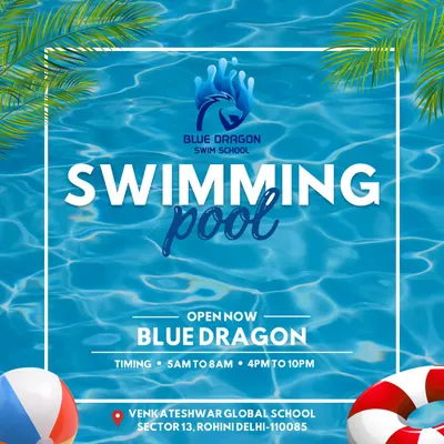 Our pool is open and ready for you. This inviting image of clear blue water, complete with a beach ball and lifebuoy, lists our operating hours for both morning and evening sessions.