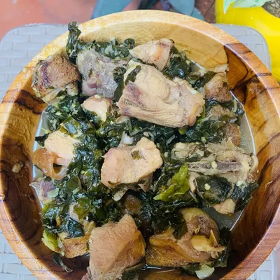 This is my chicken curry cooked with dried yam leaf, which we call 'taru leaf', and bamboo shoot. It gives the curry a very unique and traditional flavor.