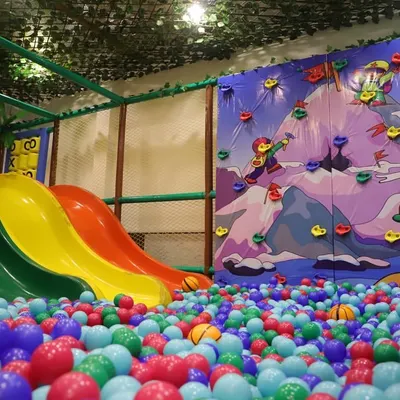 Our main attraction features three colorful slides that plunge right into a massive ball pit. Next to it, our cartoon-themed climbing wall offers another exciting challenge for kids.