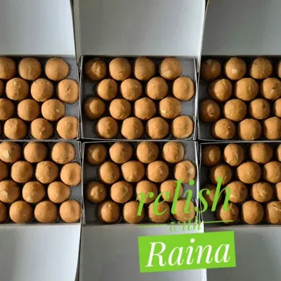 A large order of my Besan Laddoos prepared for Diwali gifting. Each laddoo is made by slow-roasting besan in pure ghee until it's aromatic and golden, resulting in a soft sweet that melts in your mouth.