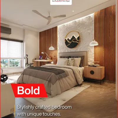 A bold and stylishly crafted bedroom with unique touches. The textured accent wall behind the bed, combined with warm wood paneling and modern pendant lights, creates a sophisticated and inviting atmosphere.