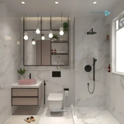I transform bathrooms into personal spa retreats. This design uses large-format marble for a timeless, luxurious feel, contrasted with modern matte black fittings. A pop of color from the pastel pink basin and the texture of the fluted vanity add a unique, designer touch.