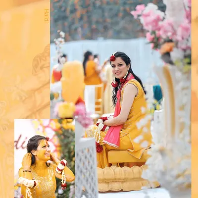 A bright and happy album layout from a Haldi ceremony. The main photo shows the bride smiling, adorned with floral jewelry, while a smaller inset captures a candid moment of her laughing as turmeric is applied.