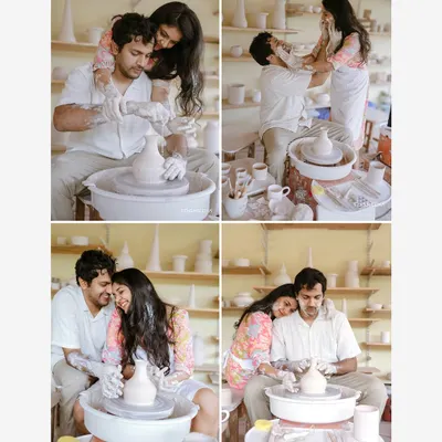 A collage from a pottery-themed pre-wedding shoot. It captures the entire process, from focused creation to playful, messy moments, telling a complete story of their date.